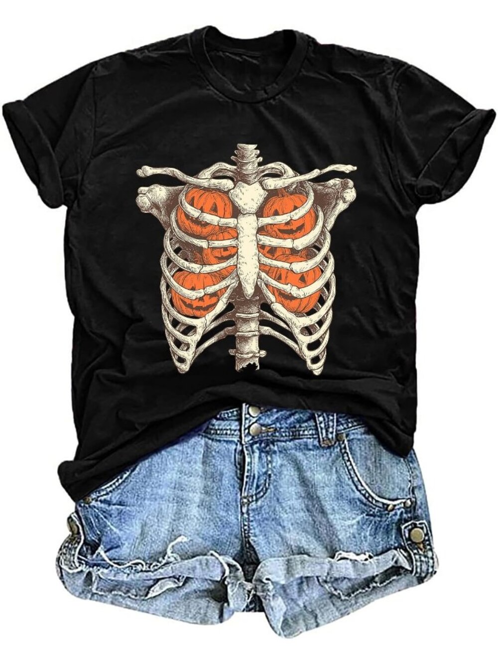 🆕 Women's Black Skeleton Pumpkin Halloween Graphic Tee